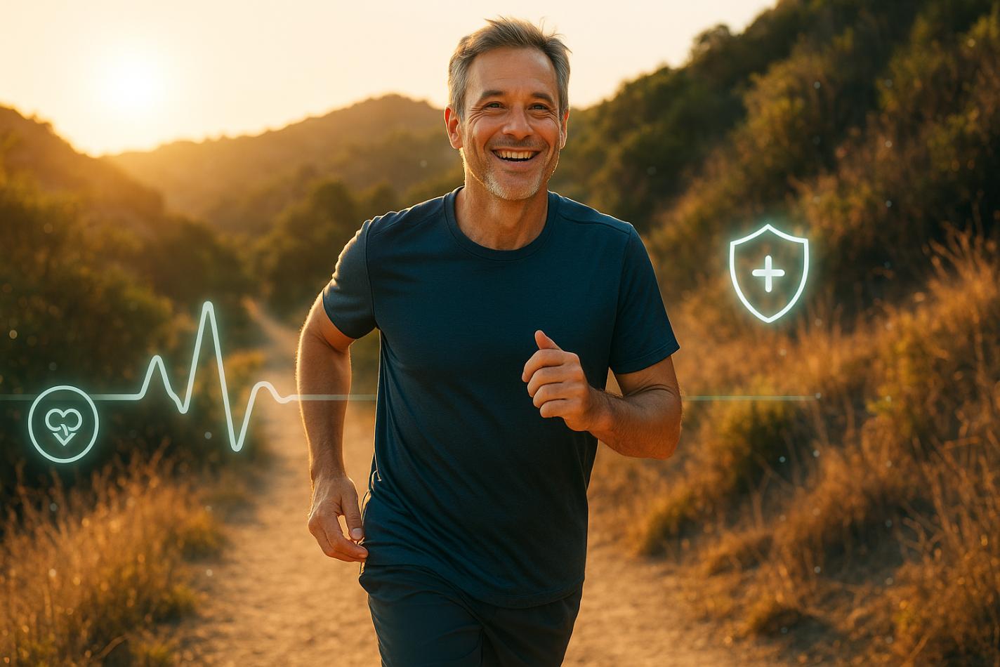 Middle-aged man jogging on a sunlit trail with glowing digital health icons overlaid