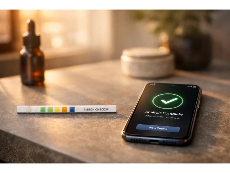 A shallow-depth-of-field shot of a Ribbon Checkup dipstick resting horizontally across a clean, matte-textured stone countertop. Next to it sits a smartphone displaying a sleek, minimalist app interface with a glowing "Analysis Complete" checkmark
