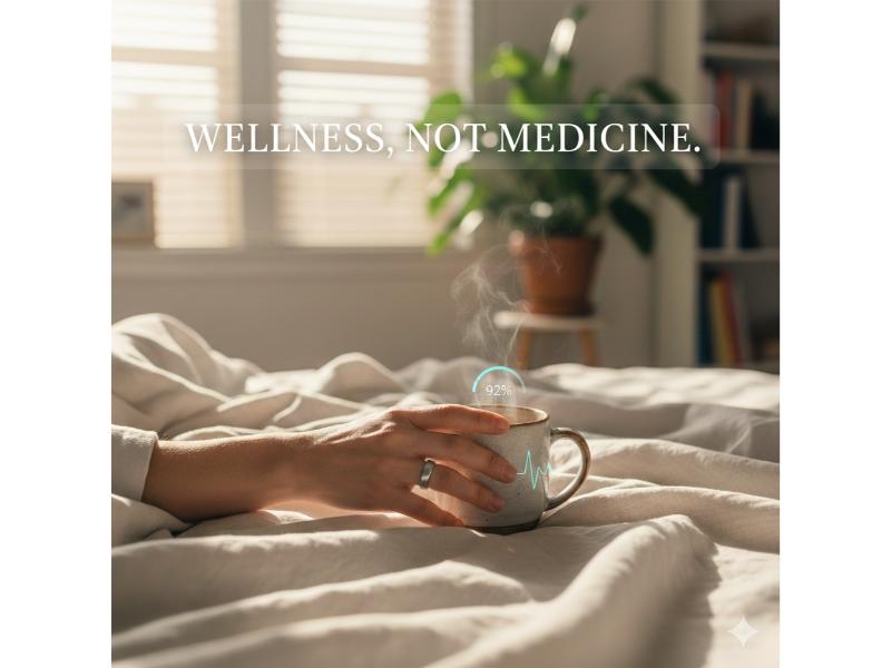 Close-up of a hand with a smart ring holding a steaming coffee mug in bed with morning light, featuring subtle holographic health metrics and "Wellness, Not Medicine" text overlay